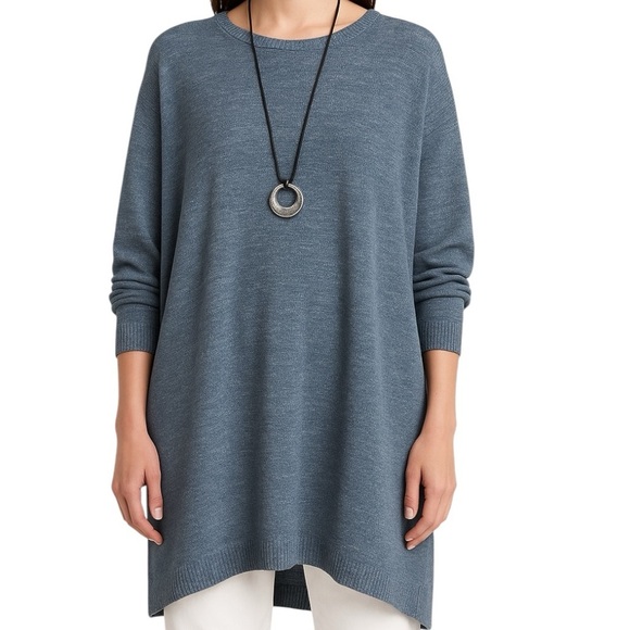 Eskandar One Size Blue Linen Blend Longline Knit Crewneck Tunic Sweater  Dress